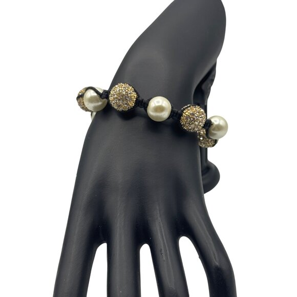 Elegant Adjustable Pearl & Rhinestone Bracelet With Black Cord - Picture 2 of 4